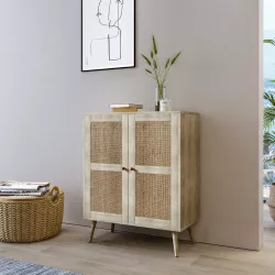 Credenza 79x99h cm in legno naturale con 2 ante in rattan - Boheme