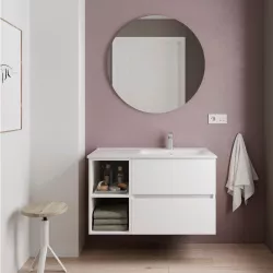 Mobile bagno sospeso 90 cm bianco opaco con lavabo integrato dx e vano a  giorno - Fully