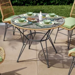 Set pranzo tavolo rotondo 90 cm top in vetro e 4 sedie in polyrattan  nocciola con