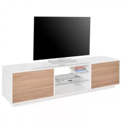 Mobile porta TV 180x46h cm con ripiani in vetro e ante in legno noce e  bianco