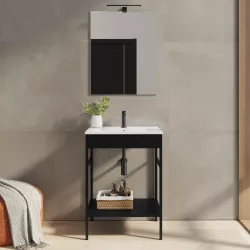 Mobile bagno a terra 60 cm nero opaco con lavabo integrato e specchio - Axis