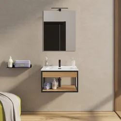 Mobile bagno sospeso 60 cm nero e rovere con lavabo integrato e specchio - Axis