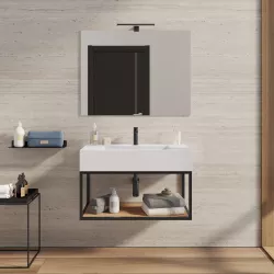 Mobile bagno sospeso 80 cm nero e rovere con top lavabo e specchio - Axis