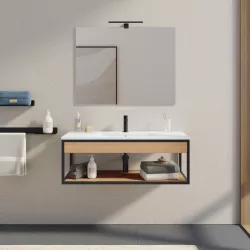 Mobile bagno sospeso 100 cm nero e rovere con lavabo integrato e specchio - Axis