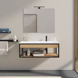 Mobile bagno sospeso 100 cm nero e rovere con lavabo integrato dx e specchio - Axis