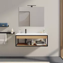 Mobile bagno sospeso 100 cm nero e rovere con lavabo integrato sx e specchio - Axis