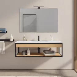 Mobile bagno sospeso 120 cm nero e rovere con lavabo integrato e specchio - Axis