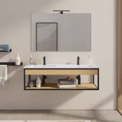 Mobile bagno sospeso 120 cm nero e rovere con doppio lavabo integrato e specchio - Axis