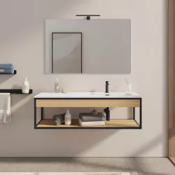 Mobile bagno sospeso 120 cm nero e rovere con lavabo integrato dx e specchio - Axis