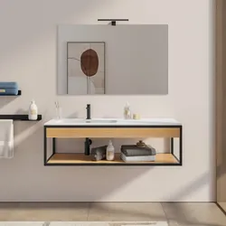 Mobile bagno sospeso 120 cm nero e rovere con lavabo integrato sx e specchio - Axis