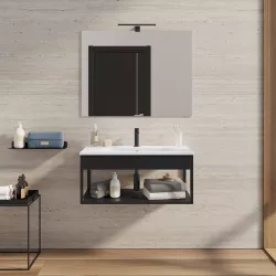 Mobile bagno sospeso 80 cm nero opaco con lavabo integrato e specchio - Axis