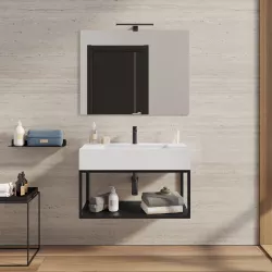 Mobile bagno sospeso 80 cm nero opaco con top lavabo e specchio - Axis