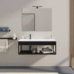 Mobile bagno sospeso 100 cm nero opaco con lavabo integrato sx e specchio - Axis