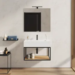 Mobile bagno sospeso 70 cm nero e rovere con top lavabo e specchio - Axis