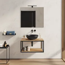Mobile bagno sospeso 70 cm portalavabo nero e rovere con specchio - Axis