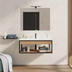 Mobile bagno sospeso 90 cm nero e rovere con lavabo integrato e specchio - Axis