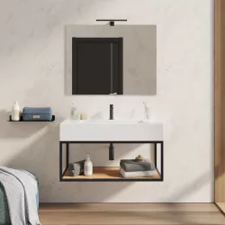 Mobile bagno sospeso 90 cm nero e rovere con top lavabo e specchio - Axis