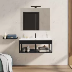 Mobile bagno sospeso 90 cm nero opaco con lavabo integrato e specchio - Axis