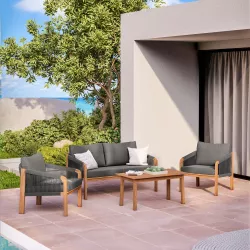 Set relax da giardino 4 posti in legno massello di acacia e dettagli in corda - Nauru