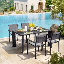 Set pranzo tavolo 150x90 cm top in vetro e 4 sedie in alluminio e textilene  antracite –