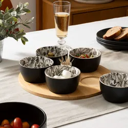 Set 7 accessori per aperitivo in bambù naturale e ceramica con portastecchini