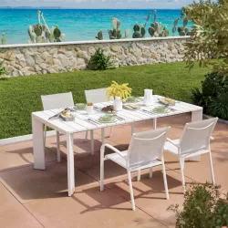 Set pranzo tavolo 200x100 cm e 4 sedie con braccioli tondi in alluminio e textilene bianco - Carioca