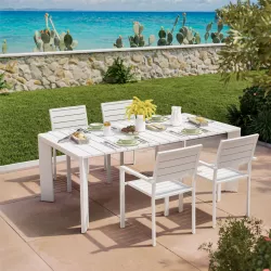 Set pranzo tavolo 200x100 cm e 4 sedie con braccioli a doghe in alluminio bianco - Carioca