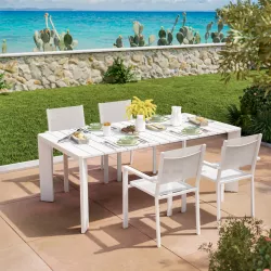 Set pranzo tavolo 200x100 cm e 4 sedie con braccioli in textilene e alluminio bianco - Cariocaa