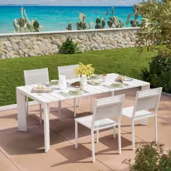 Set pranzo tavolo 200x100 cm e 4 sedie in textilene e alluminio bianco - Carioca