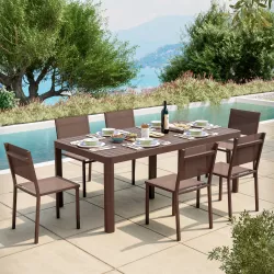 Set pranzo tavolo 200/260/320x100 cm e 6 sedie in alluminio e textilene marrone - Carioca