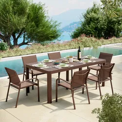 Set pranzo tavolo 200/260/320x100 cm e 6 sedie con braccioli tondi in alluminio e textilene marrone - Carioca