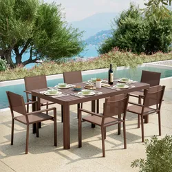 Set pranzo tavolo 200/260/320x100 cm e 6 sedie con braccioli in alluminio e textilene marrone - Carioca