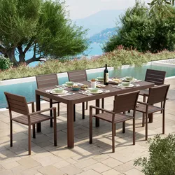 Set pranzo tavolo 200/260/320x100 cm e 6 sedie con braccioli a doghe in alluminio marrone - Carioca