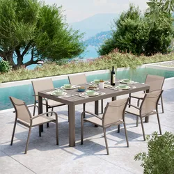 Set pranzo tavolo 200/260/320x100 cm e 6 sedie con braccioli tondi in alluminio e textilene tortora - Carioca
