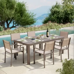 Set pranzo tavolo 200/260/320x100 cm e 6 sedie con braccioli in alluminio e textilene tortora - Carioca