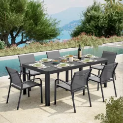 Set pranzo tavolo 200/260/320x100 cm e 6 sedie con braccioli tondi in alluminio e textilene antracite - Carioca