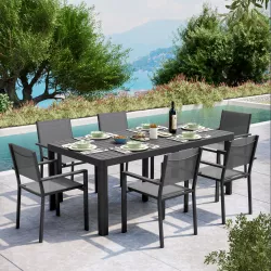 Set pranzo tavolo 200/260/320x100 cm e 6 sedie con braccioli in alluminio e textilene antracite - Carioca