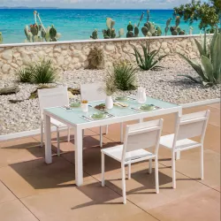 Set pranzo tavolo 160/220x90 cm e 4 sedie in alluminio e textilene bianco - Carioca