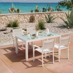 Set pranzo tavolo 160/220x90 cm e 4 sedie con braccioli in alluminio e textilene bianco - Carioca