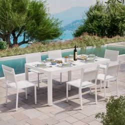 Set pranzo tavolo 200/260/320x100 cm e 6 sedie in alluminio e textilene bianco - Carioca