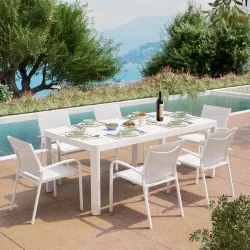 Set pranzo tavolo 200/260/320x100 cm e 6 sedie con braccioli tondi in alluminio e textilene bianco - Carioca