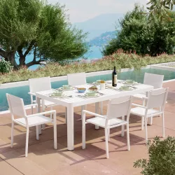 Set pranzo tavolo 200/260/320x100 cm e 6 sedie con braccioli in alluminio e textilene bianco - Carioca