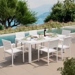 Set pranzo tavolo 200/260/320x100 cm e 6 sedie con braccioli a doghe in alluminio bianco - Carioca