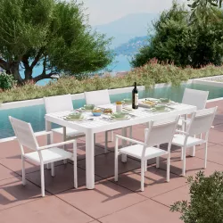 Set pranzo tavolo 200/260/320x100 cm e 6 sedie con braccioli in textilene imbottito bianco - Carioca