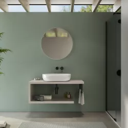 Mensolone bagno 100 cm con ripiano in legno rovere bianco e portasalviette nero opaco - Plain