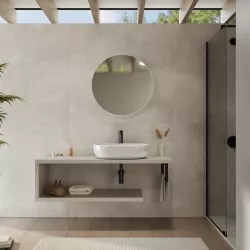 Mensolone bagno 130 cm con ripiano in legno rovere bianco e portasalviette nero opaco - Plain