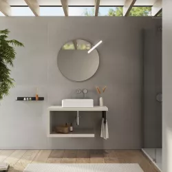 Mensolone bagno 80 cm con ripiano in legno rovere bianco e portasalviette nero opaco - Plain