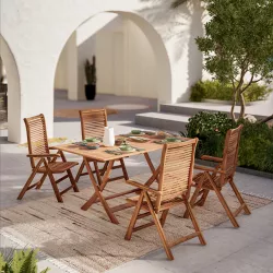 Set pranzo tavolo pieghevole 150x90 cm e 4 sedie con braccioli regolabili in legno di acacia – Paja