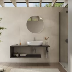 Mensolone bagno 130 cm con ripiano in legno rovere grigio e portasalviette nero opaco - Plain