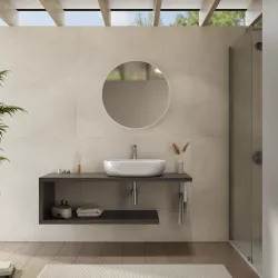 Mensolone bagno 130 cm con ripiano in legno rovere grigio e portasalviette bianco opaco - Plain